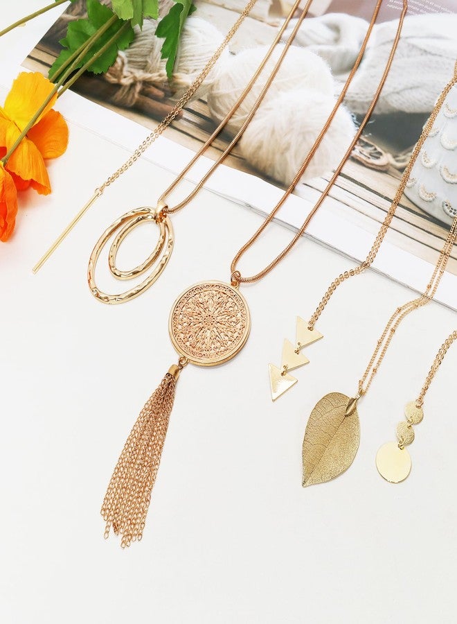 Hftjtsa 6Pcs Long Gold Necklaces for Women Long Statement Sweater Necklaces Tassel Pendant Neckace Set Jewelry Women Gifts (Classic, Gold) - Image 2